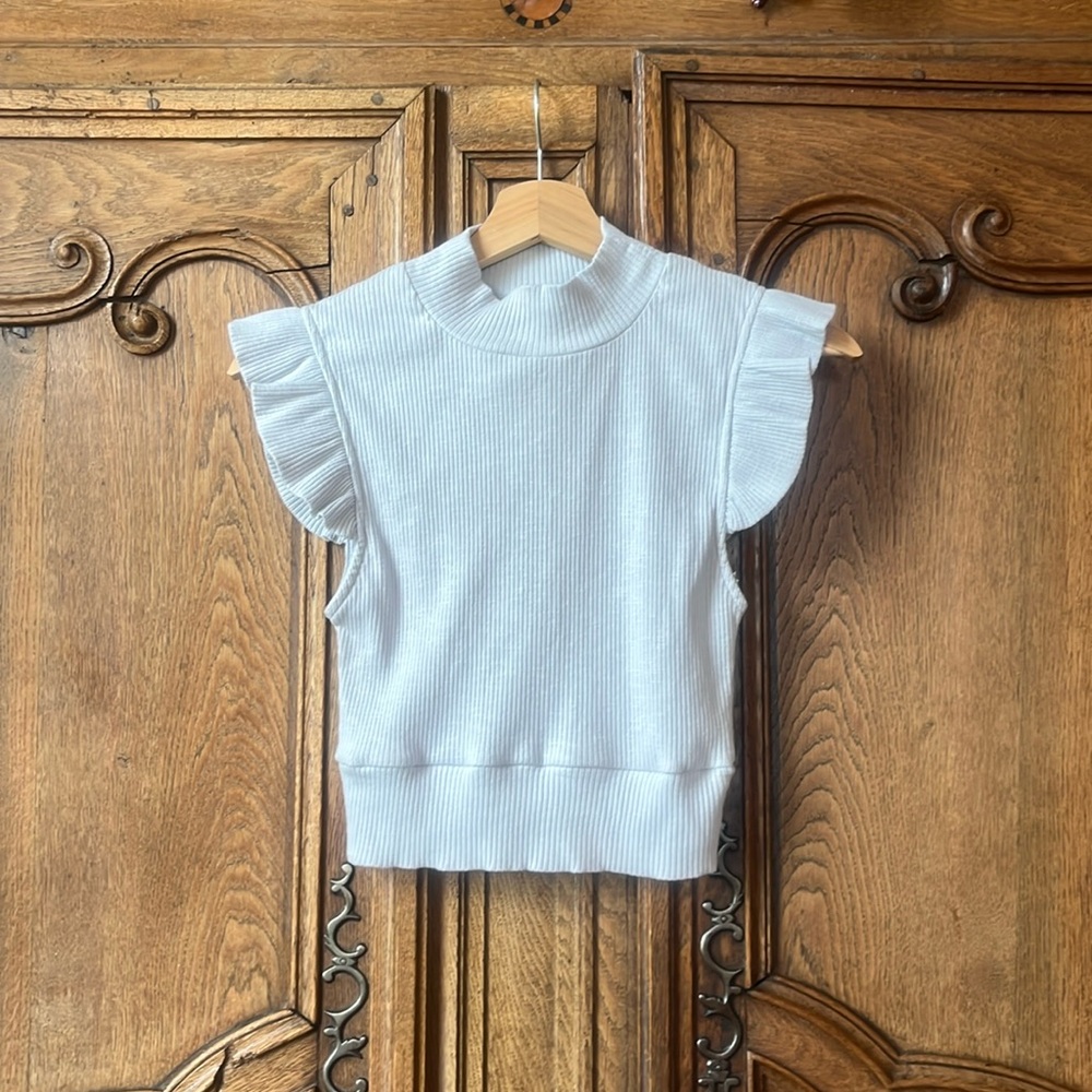 Storia Ribbed Ruffle Sleeve Cropped Top Sz S - Picture 2 of 12